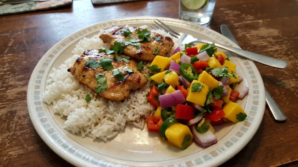 Honey Lime Chicken with Mango Salsa served over rice with fresh mango, red onion, jalapeño, and cilantro