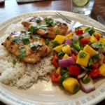 Healthy Honey Lime Chicken with Mango Salsa 10 Honey Lime Chicken with Mango Salsa served over rice with fresh mango, red onion, jalapeño, and cilantro