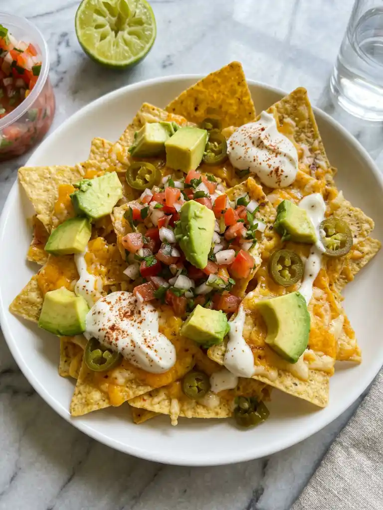 Air Fryer Nachos topped with melted cheese, avocado chunks, jalapenos, sour cream, and pico de gallo
