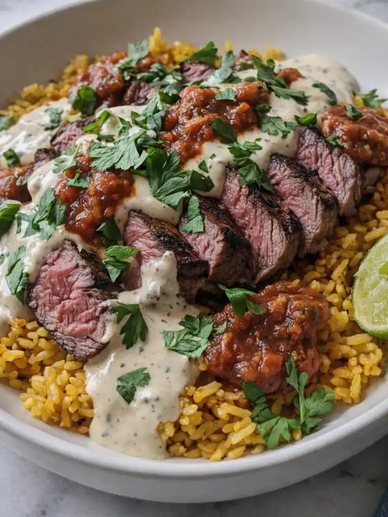 Steak Queso Rice Bowl topped with sliced steak, creamy queso sauce, fresh cilantro, salsa, and lime over yellow rice