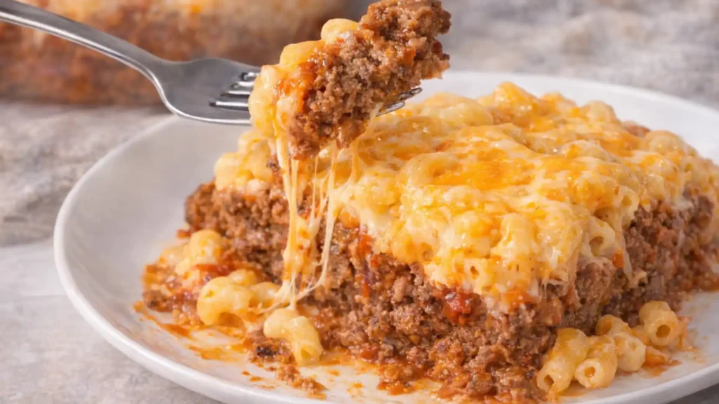 Close up of Mac and Cheese Meatloaf Casserole slice with melted cheese and seasoned beef layers