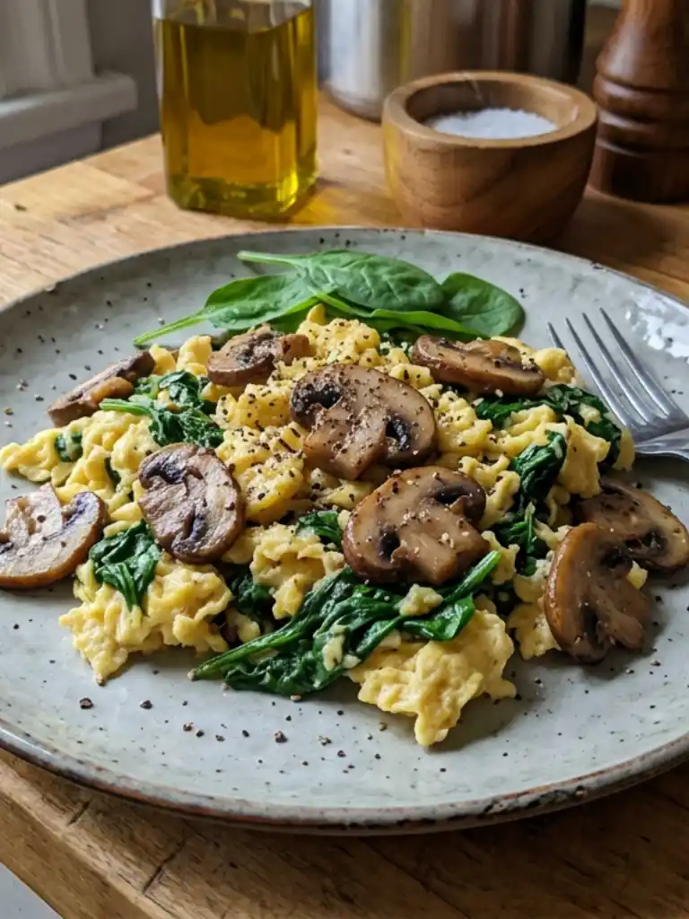 Mushroom Spinach Scrambled Eggs topped with black pepper and fresh spinach on a plate