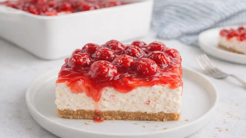 No Bake Cherry Cheesecake slice with graham crust and cherry topping on white plate