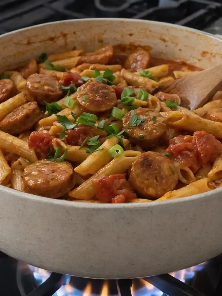 One Pot Creamy Cajun Sausage Pasta simmering in skillet with penne, smoked sausage, tomatoes, and green onions
