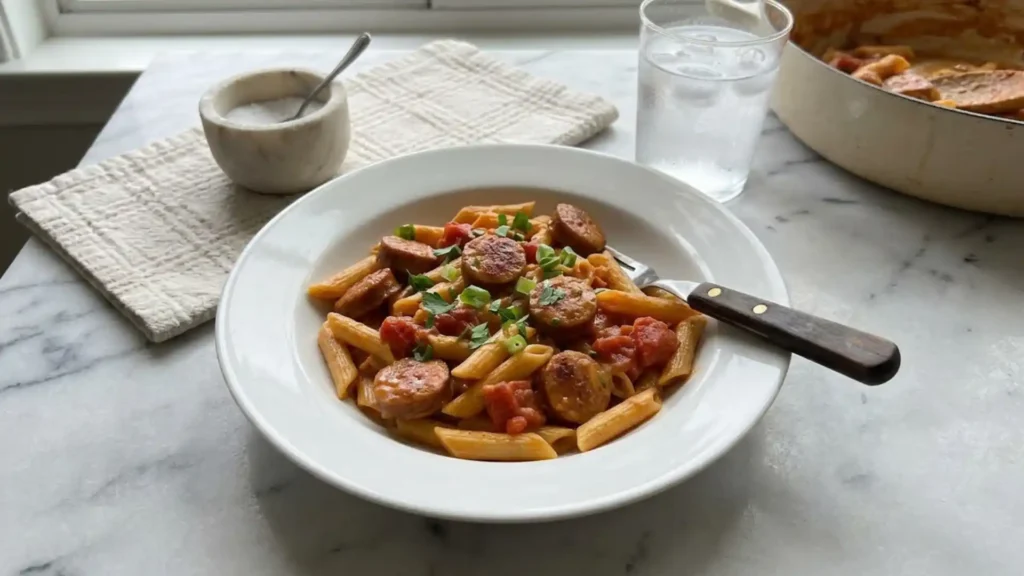One Pot Creamy Cajun Sausage Pasta with penne, smoked sausage, tomatoes, and fresh herbs in a white bowl