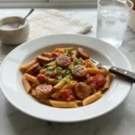 One Pot Creamy Cajun Sausage Pasta with penne, smoked sausage, tomatoes, and fresh herbs in a white bowl