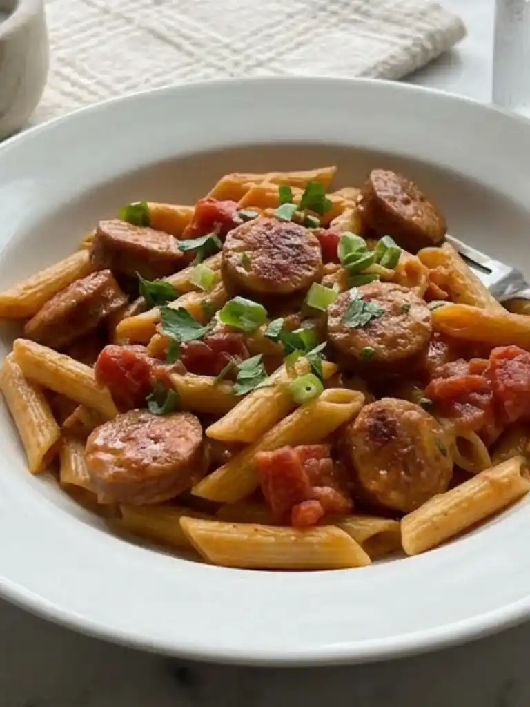 One Pot Creamy Cajun Sausage Pasta with penne, smoked sausage, tomatoes, and fresh herbs in white bowl