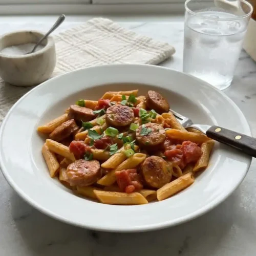 One Pot Creamy Cajun Sausage Pasta with penne, smoked sausage, tomatoes, and fresh herbs in a white bowl