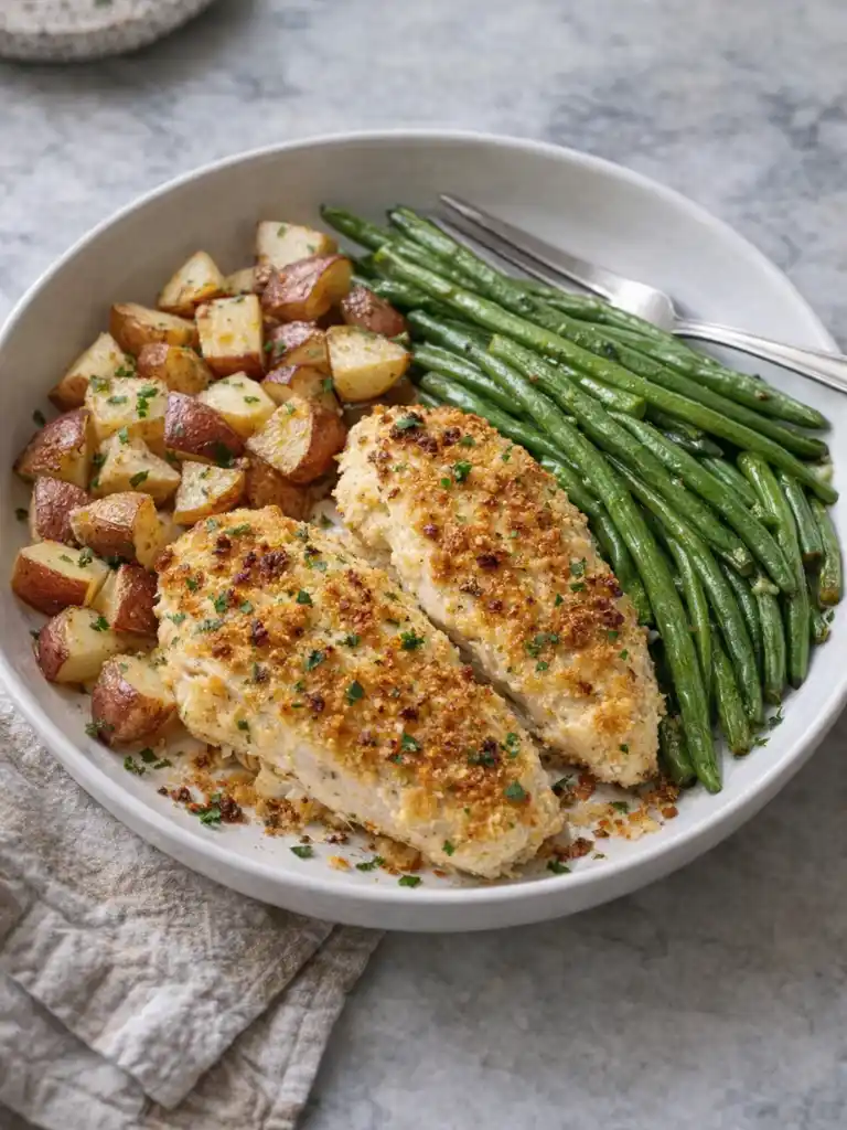 Plated Parmesan Crusted Chicken Sheet Pan Dinner with roasted red potatoes and garlic green beans