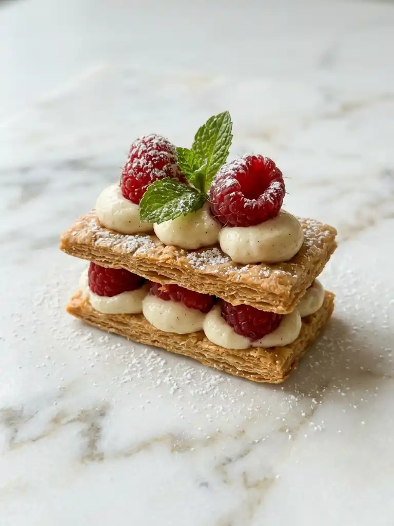 Raspberry Mille-Feuille Cookies with crisp puff pastry, vanilla cream and fresh raspberries topped with mint