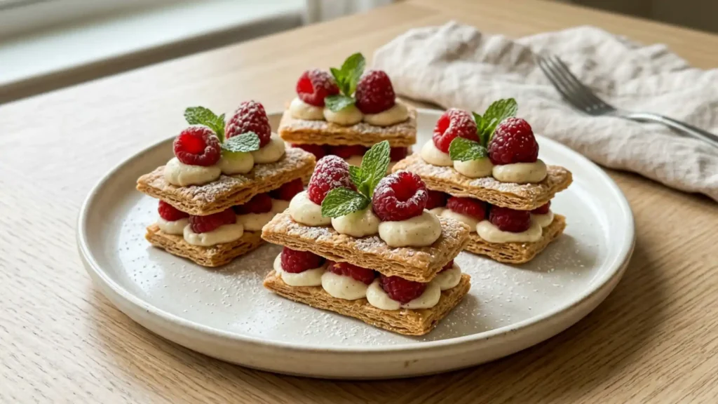 Raspberry Mille-Feuille Cookies layered with puff pastry, vanilla cream and fresh raspberries on a white plate