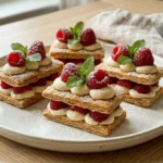 Raspberry Mille-Feuille Cookies layered with puff pastry, vanilla cream and fresh raspberries on a white plate