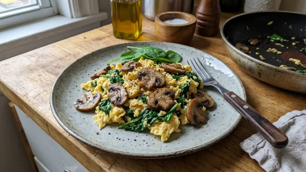 Mushroom Spinach Scrambled Eggs with sautéed mushrooms and spinach on a rustic kitchen table
