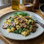 Mushroom Spinach Scrambled Eggs with sautéed mushrooms and spinach on a rustic kitchen table