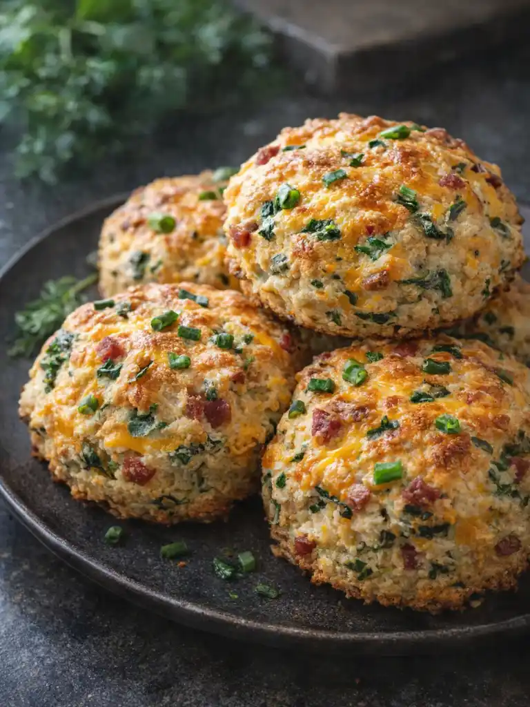 Breakfast Protein Biscuits with cheese, spinach, bacon, and chives on a dark plate