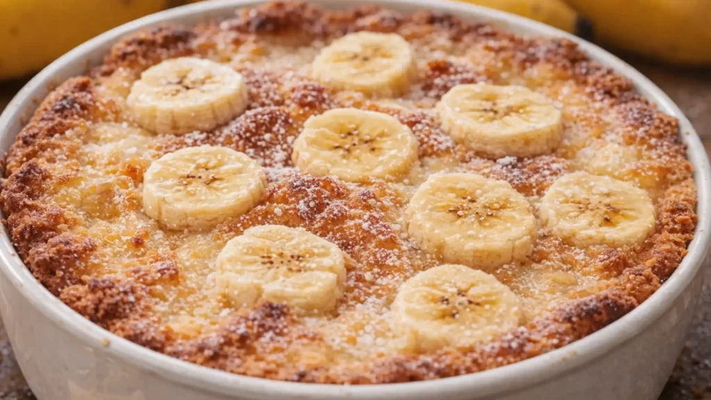 Southern Banana Cobbler with sliced bananas and golden crust in a white baking dish