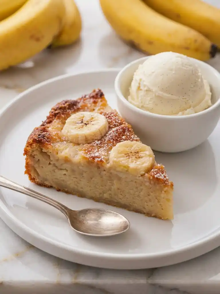 Southern Banana Cobbler slice topped with banana slices served with vanilla ice cream