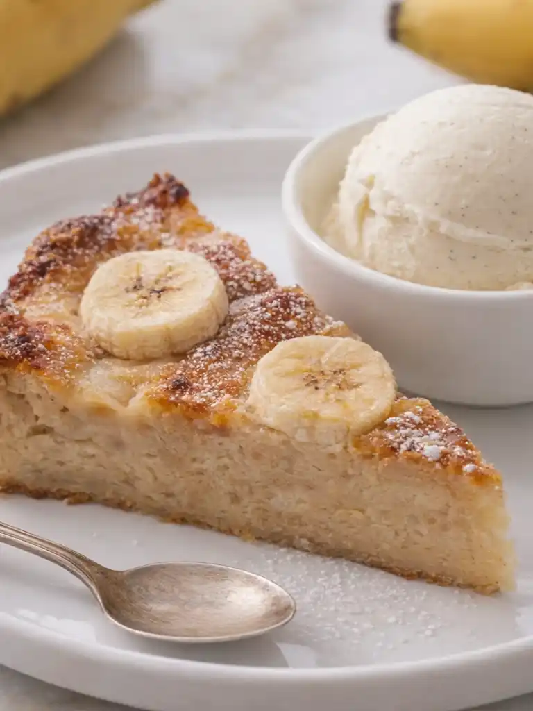 Southern Banana Cobbler slice served with vanilla ice cream and fresh banana slices