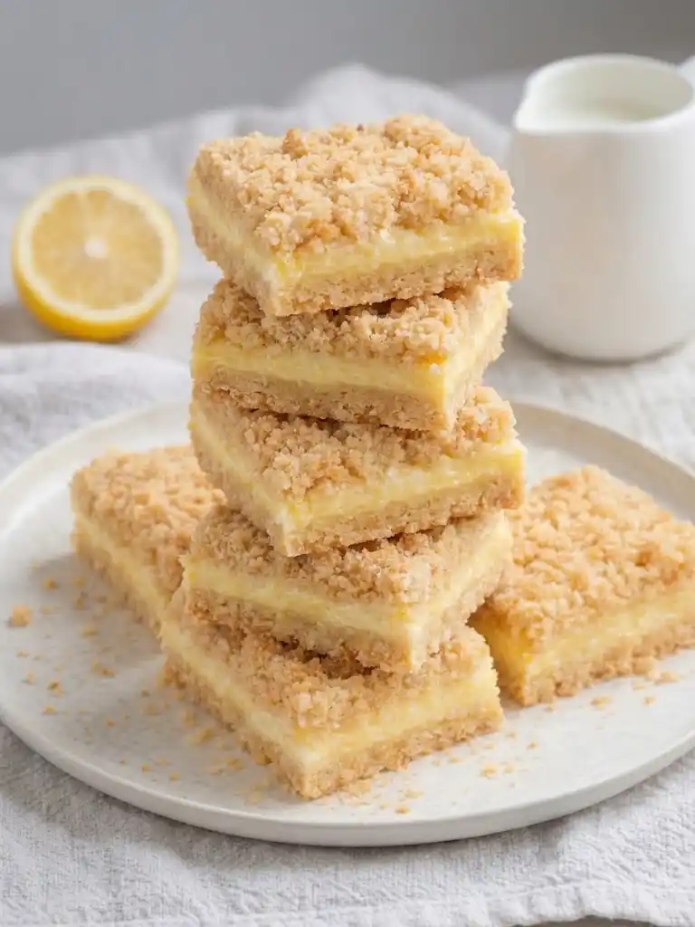 Lemon Crumb Bars stacked high with creamy lemon filling and golden buttery crumb topping
