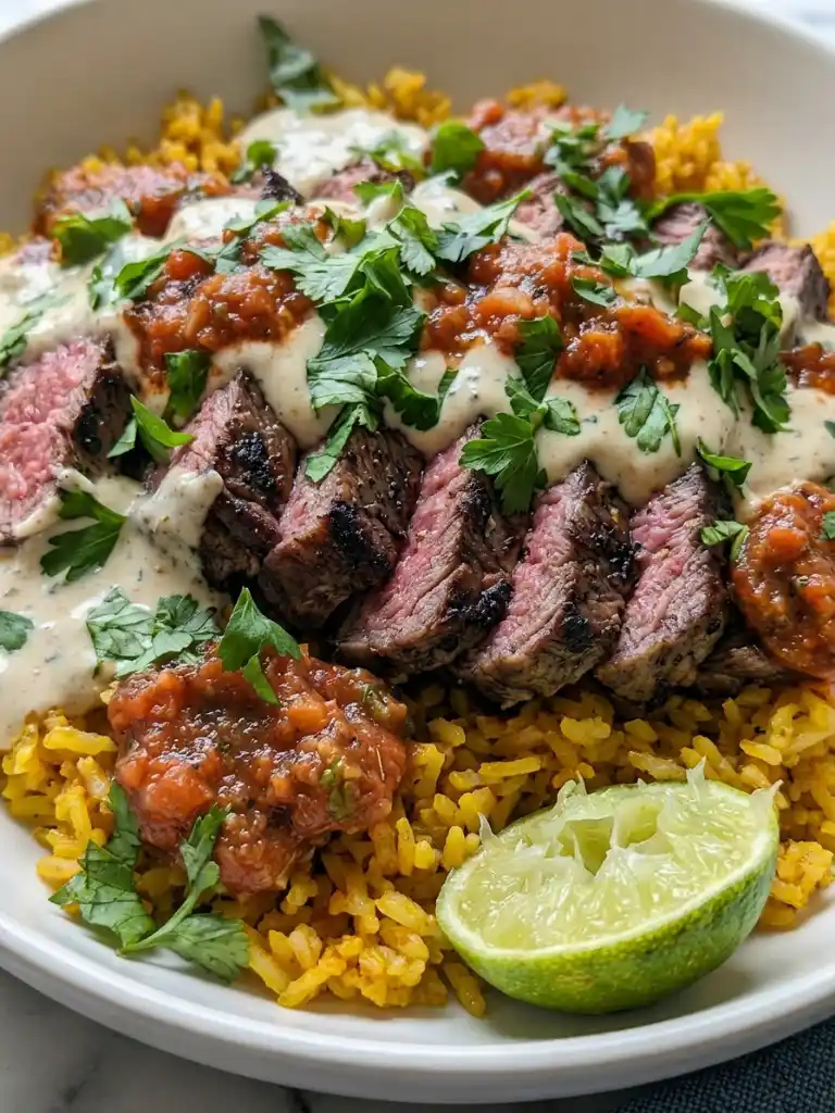 Steak Queso Rice Bowl with sliced medium rare steak, creamy queso, salsa, cilantro, and lime on yellow rice