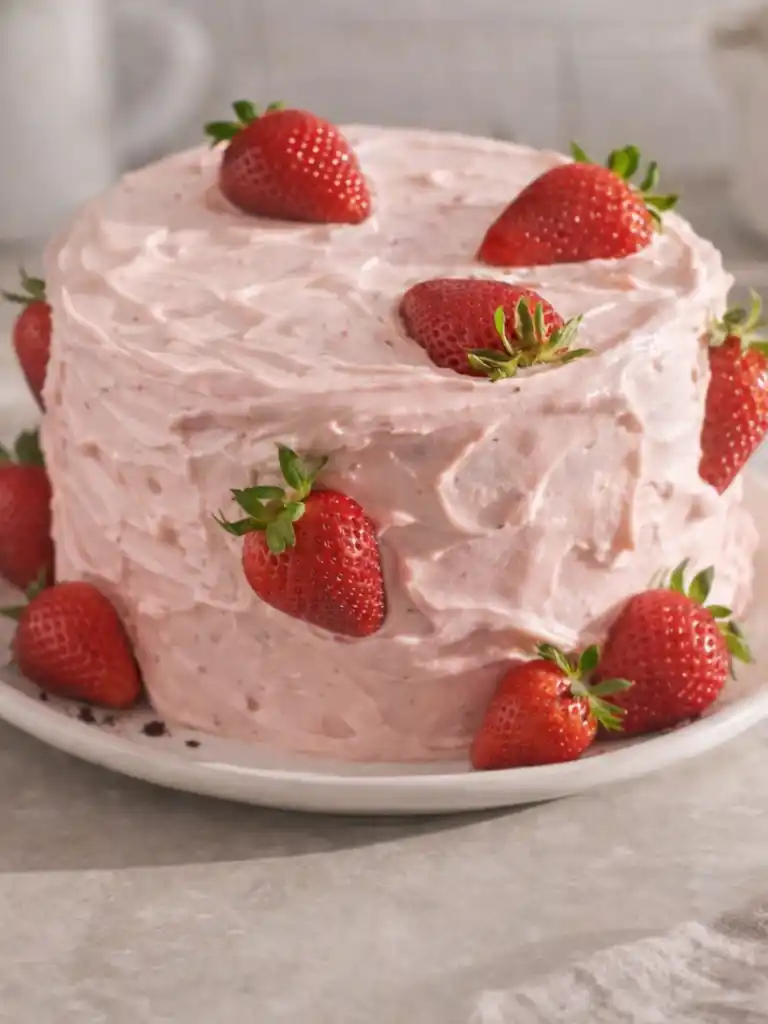 Strawberry chocolate cake with pink strawberry frosting and fresh whole strawberries on top