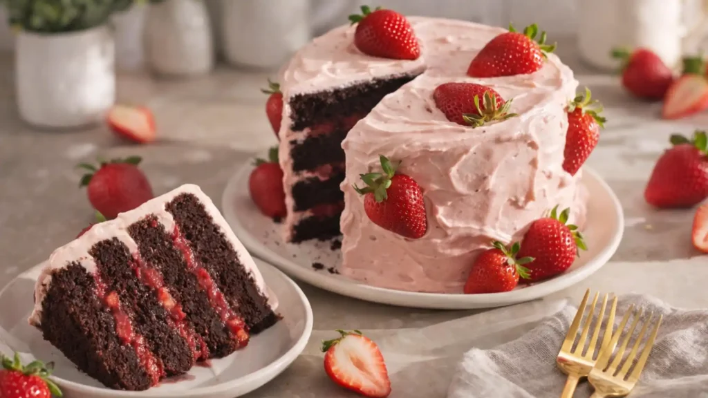 Strawberry chocolate cake with pink frosting and fresh strawberry filling between rich chocolate layers