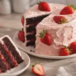 Strawberry chocolate cake with pink frosting and fresh strawberry filling between rich chocolate layers