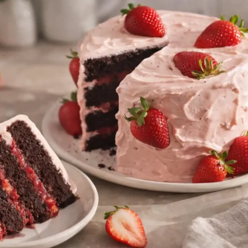 Strawberry chocolate cake with pink frosting and fresh strawberry filling between rich chocolate layers