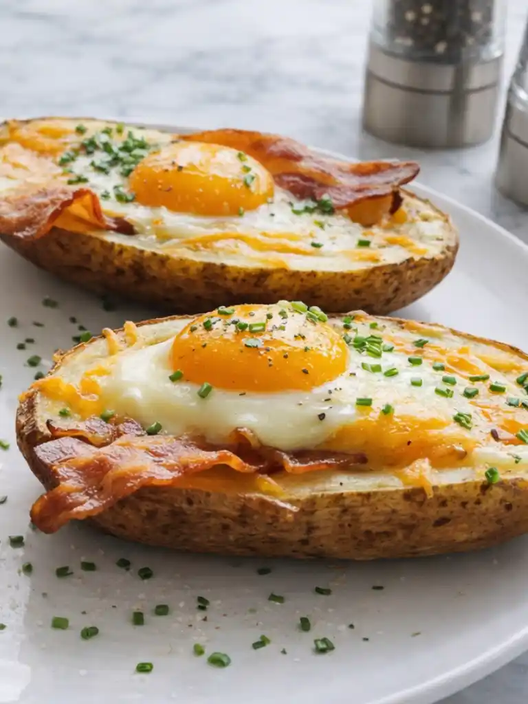 twice baked breakfast potatoes with baked eggs, melted cheddar, and crispy turkey bacon on a white plate