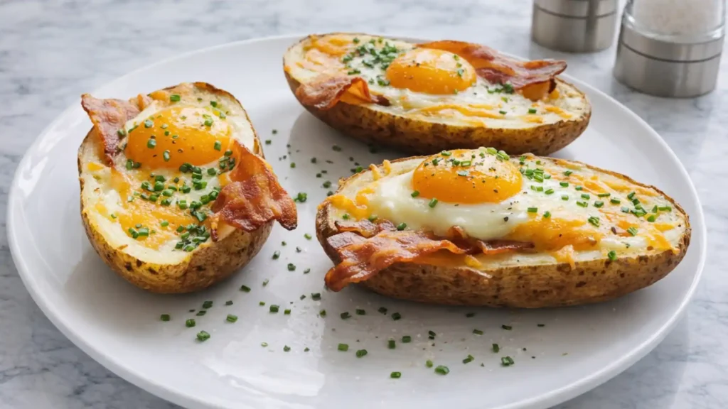 twice baked breakfast potatoes topped with eggs, melted cheese, and crispy turkey bacon on a white plate