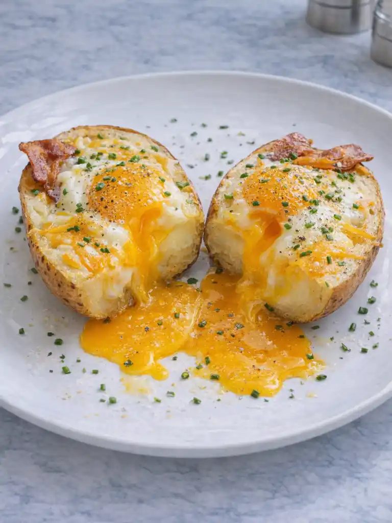 twice baked breakfast potatoes with soft baked eggs and melted cheese on a white plate