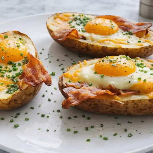 twice baked breakfast potatoes topped with eggs, melted cheese, and crispy turkey bacon on a white plate