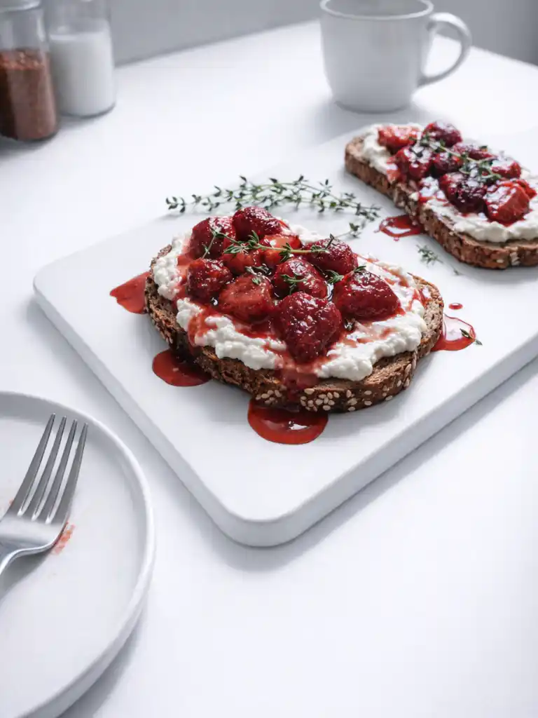 Whipped Ricotta Toast with Roasted Strawberries on seeded sourdough with syrupy berries and fresh thyme