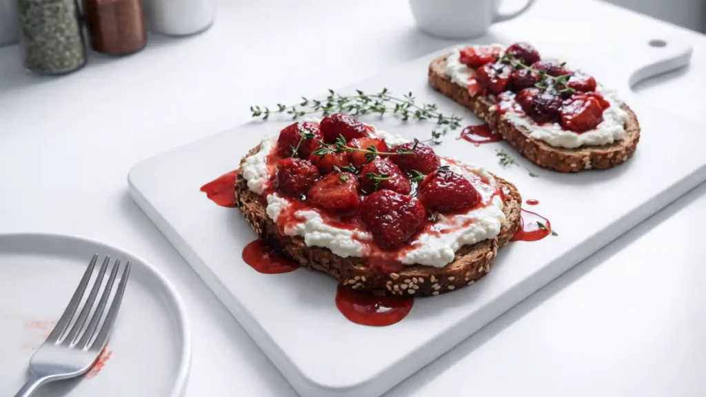 Whipped Ricotta Toast with Roasted Strawberries on sourdough topped with jammy berries and fresh herbs