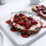 Whipped Ricotta Toast with Roasted Strawberries on sourdough topped with jammy berries and fresh herbs