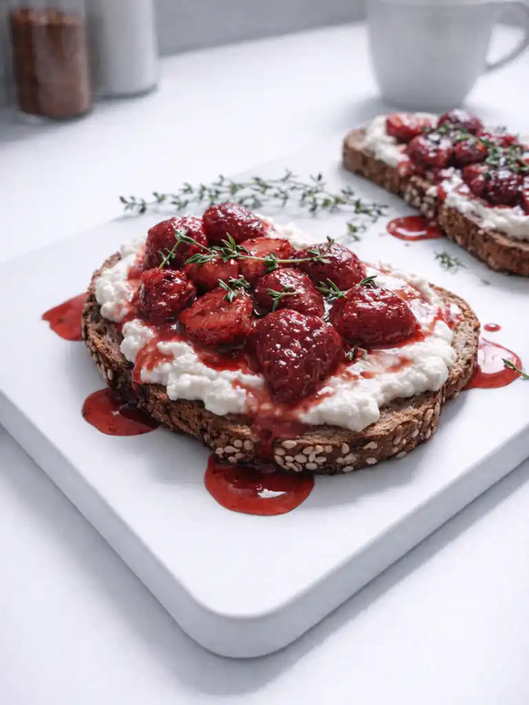 Whipped Ricotta Toast with Roasted Strawberries on multigrain sourdough with thyme and glossy berry syrup
