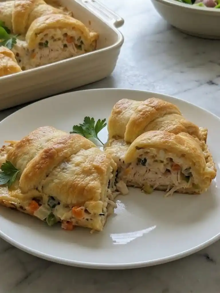 Chicken Crescent Casserole slice with creamy chicken filling and flaky golden crescent topping