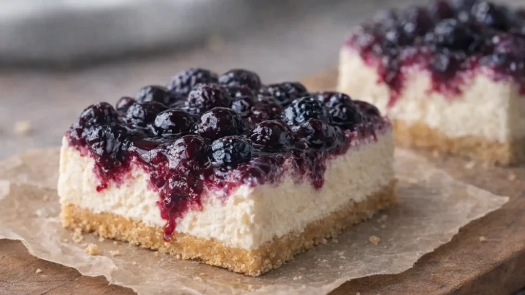 Creamy sugar-free cheesecake bars with almond crust and mixed berry topping on parchment paper
