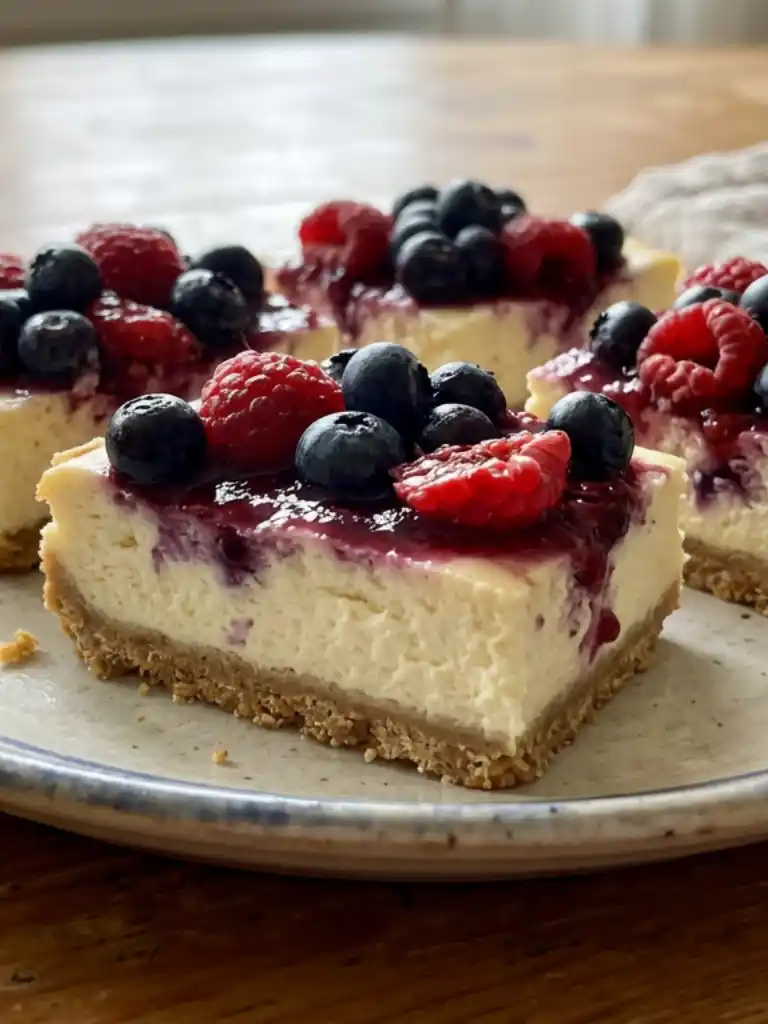 Plated sugar-free cheesecake bars with almond crust topped with fresh raspberries and blueberries