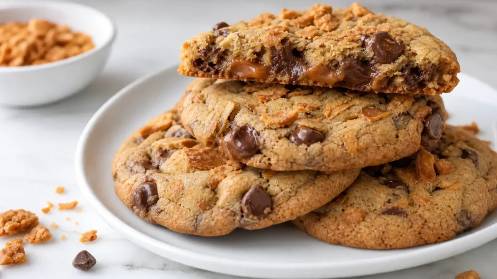 Butterfinger Caramel Crunch Cookies stacked with gooey caramel center and chocolate chips on white marble surface