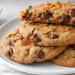 Butterfinger Caramel Crunch Cookies stacked with gooey caramel center and chocolate chips on white marble surface
