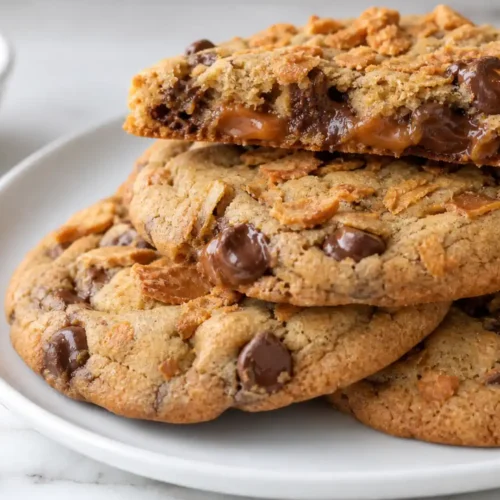 Butterfinger Caramel Crunch Cookies stacked with gooey caramel center and chocolate chips on white marble surface