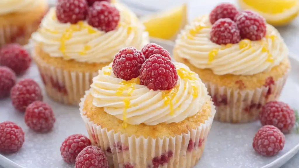 Lemon Raspberry Cupcakes topped with raspberry buttercream and fresh berries