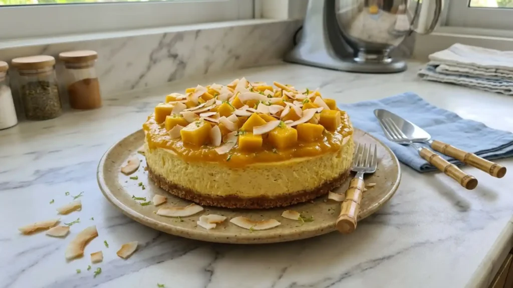 Tropical mango cheesecake topped with fresh mango cubes and glossy mango glaze on a graham cracker crust