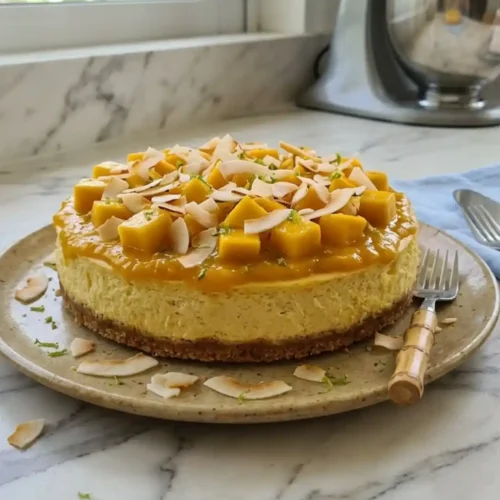 Tropical mango cheesecake topped with fresh mango cubes and glossy mango glaze on a graham cracker crust