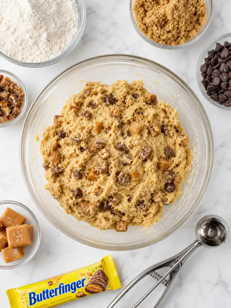 Butterfinger Caramel Crunch Cookies dough with chopped candy and caramel pieces in glass bowl on marble surface