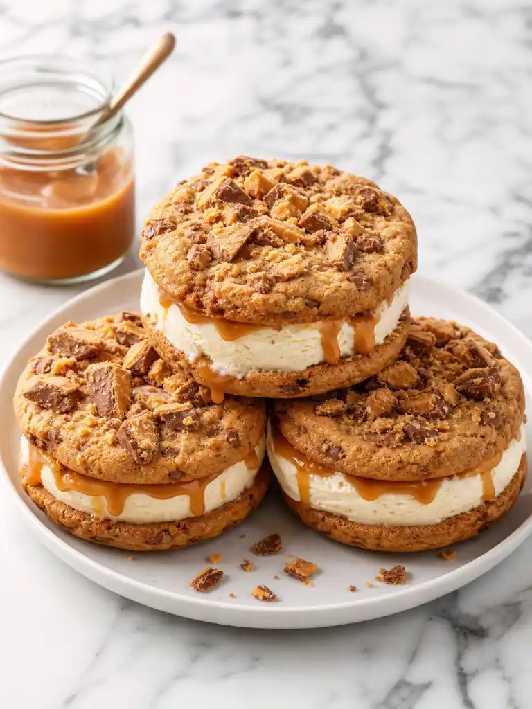 Butterfinger Caramel Crunch Cookies ice cream sandwiches with caramel drizzle on white marble surface