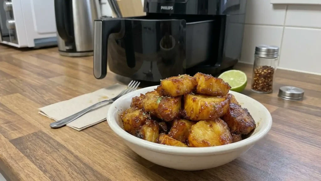 Air fryer pineapple chunks caramelized in a bowl with golden edges and glossy finish on a kitchen counter