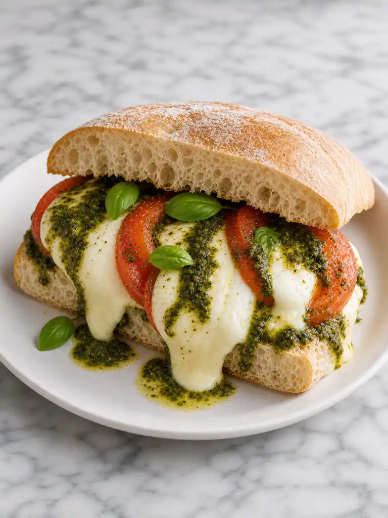 Melty Caprese Sandwich 2 Melty Caprese Sandwich with stretchy mozzarella, ripe tomatoes, basil pesto, and toasted ciabatta bread