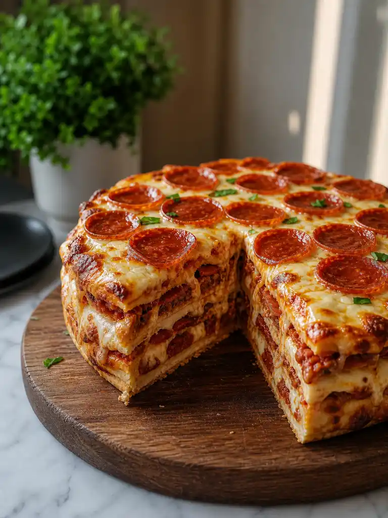 Pepperoni Pizza Layer Cake (Easy Party Recipe) 2 Pepperoni Pizza Layer Cake baked with beef pepperoni and melted cheese, sliced to show stacked layers